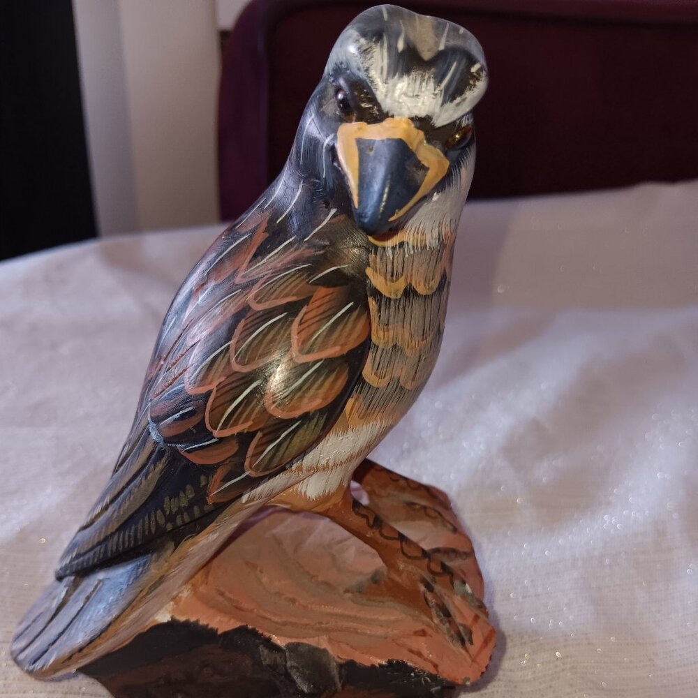 Vintage Hand Painted 6 in Carved Bird Hawk Stone glass eyes Paperweight figurine